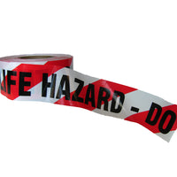 BARRIER TAPE RED STRIPES  LIFE HAZARD DO NOT ENTER 2mil